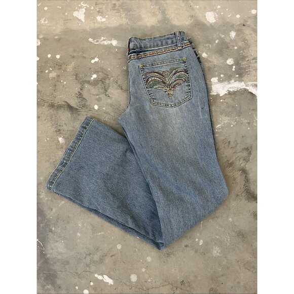 Vintage Denim - 90s y2k NOBO‎ low rise flare bootcut bling pocket jeans stretch faded womens 32"